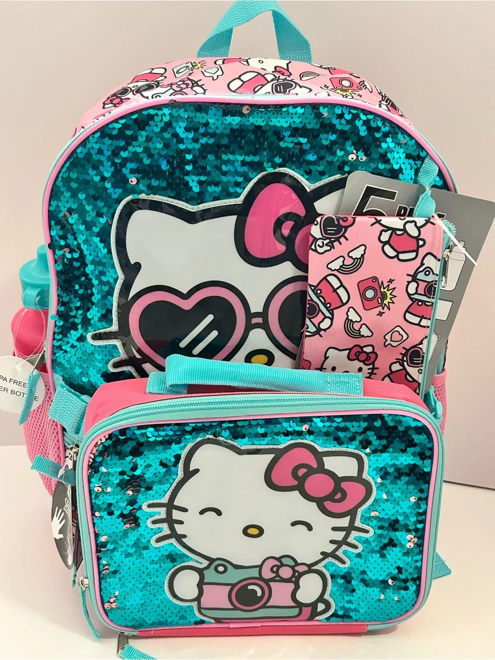Hello Kitty Kids Backpack & Lunch Bag water bottle 5 Piece Set - NWT